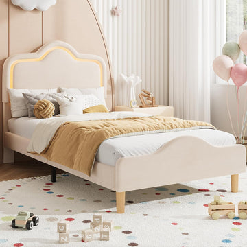 Twin Size Upholstered LED Bed Frame with Adjustable Headboard and Footboard, Velvet Princess Platform Bedframe for