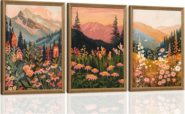 Boho Landscape Mountain Floral Framed Canvas Wall Art, 3pc 16x24 In - Set of 3