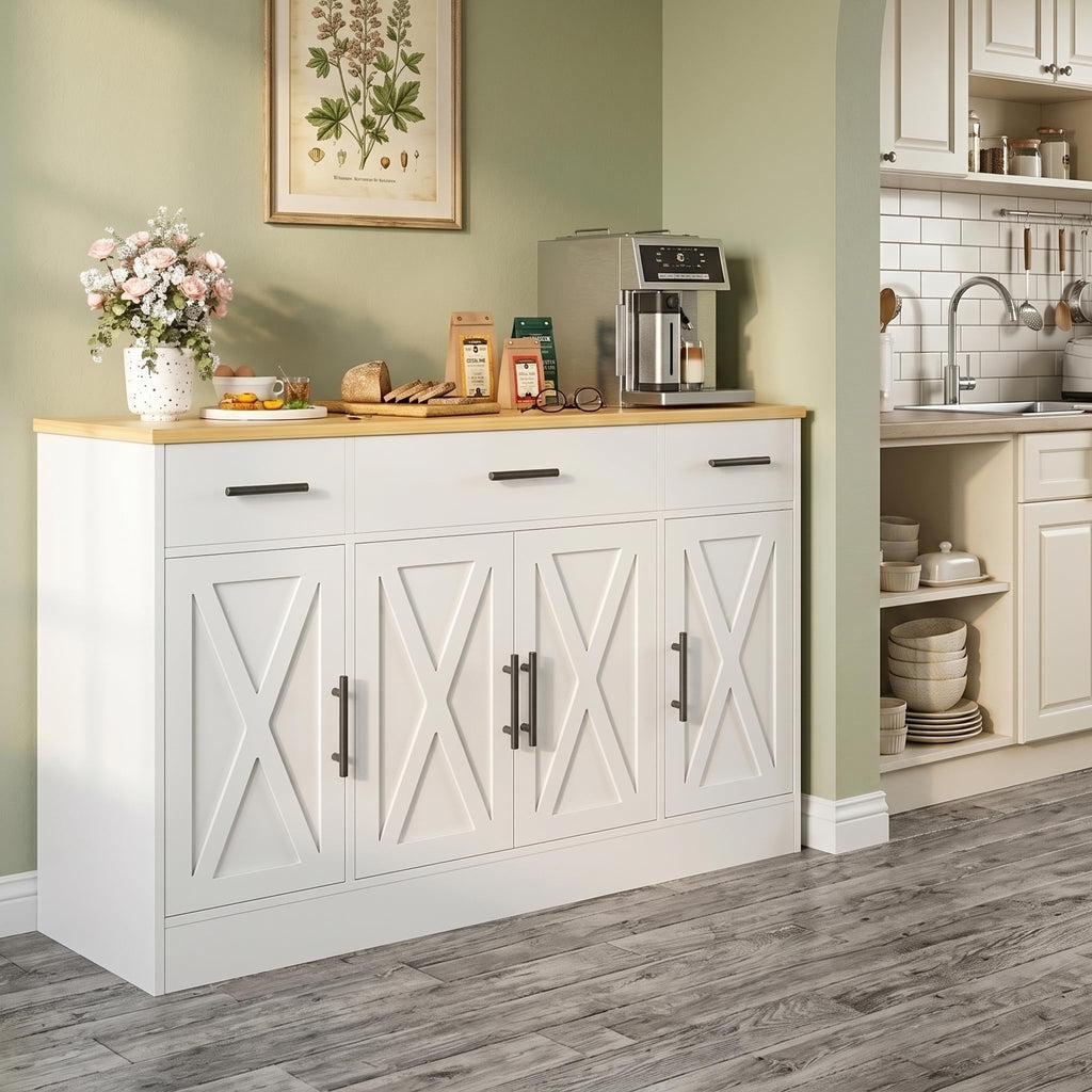 53" Buffet Cabinet with Storage, Kitchen Coffee Bar, White
