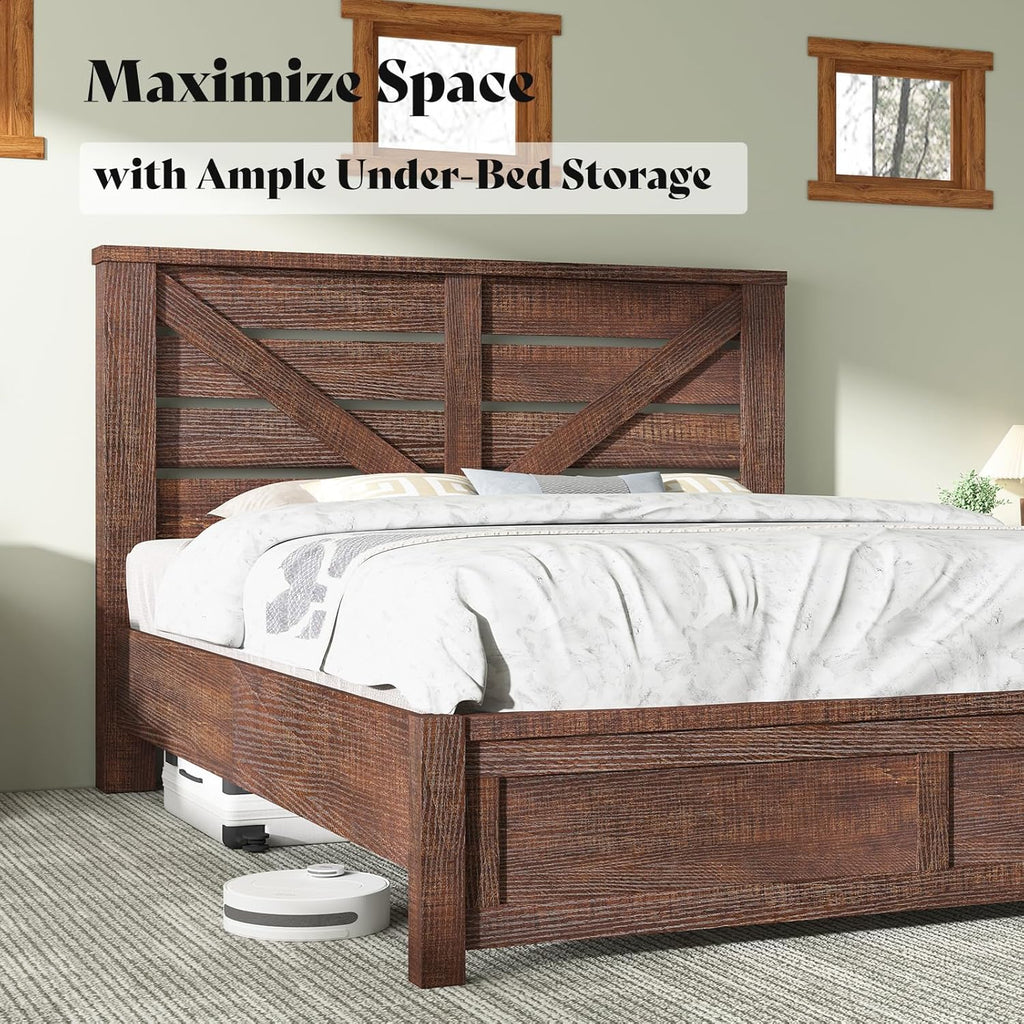 Queen Bed Frame with 49.2" Barn Door Headboard and Footboard, Rustic Farmhouse Platform Bed Frame with Wood Slats, No