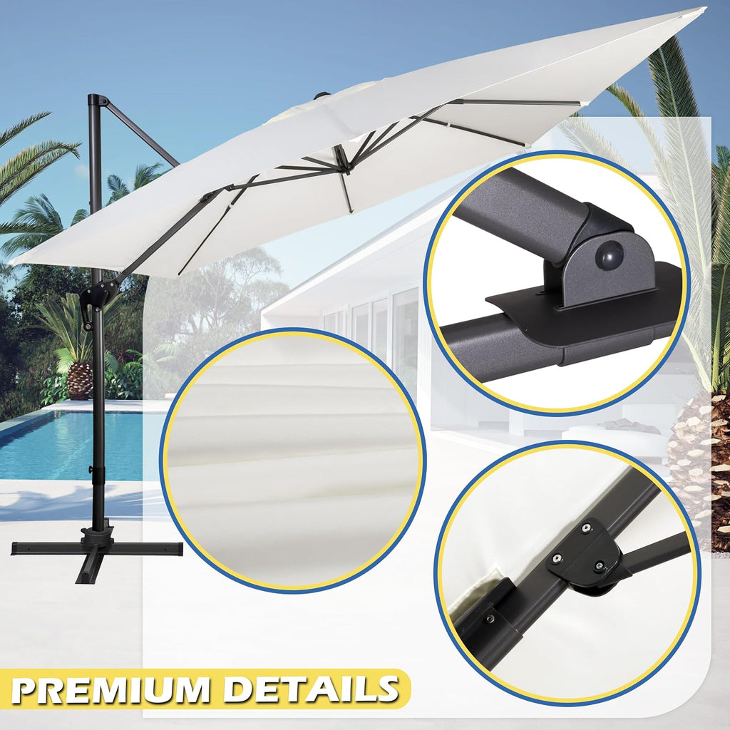 10x10Ft Cantilever Patio Umbrella Square 360° Rotation & Integrated Tilting System Offset Umbrella with 8 Sturdy Ribs