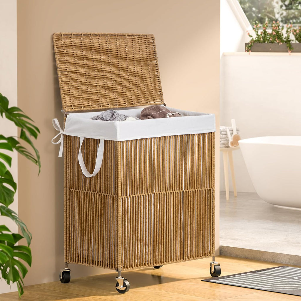 Rolling Laundry Basket Wheels, Handwoven Laundry Hamper with Lid | Double Clothes Hamper with Divided Removable Bag