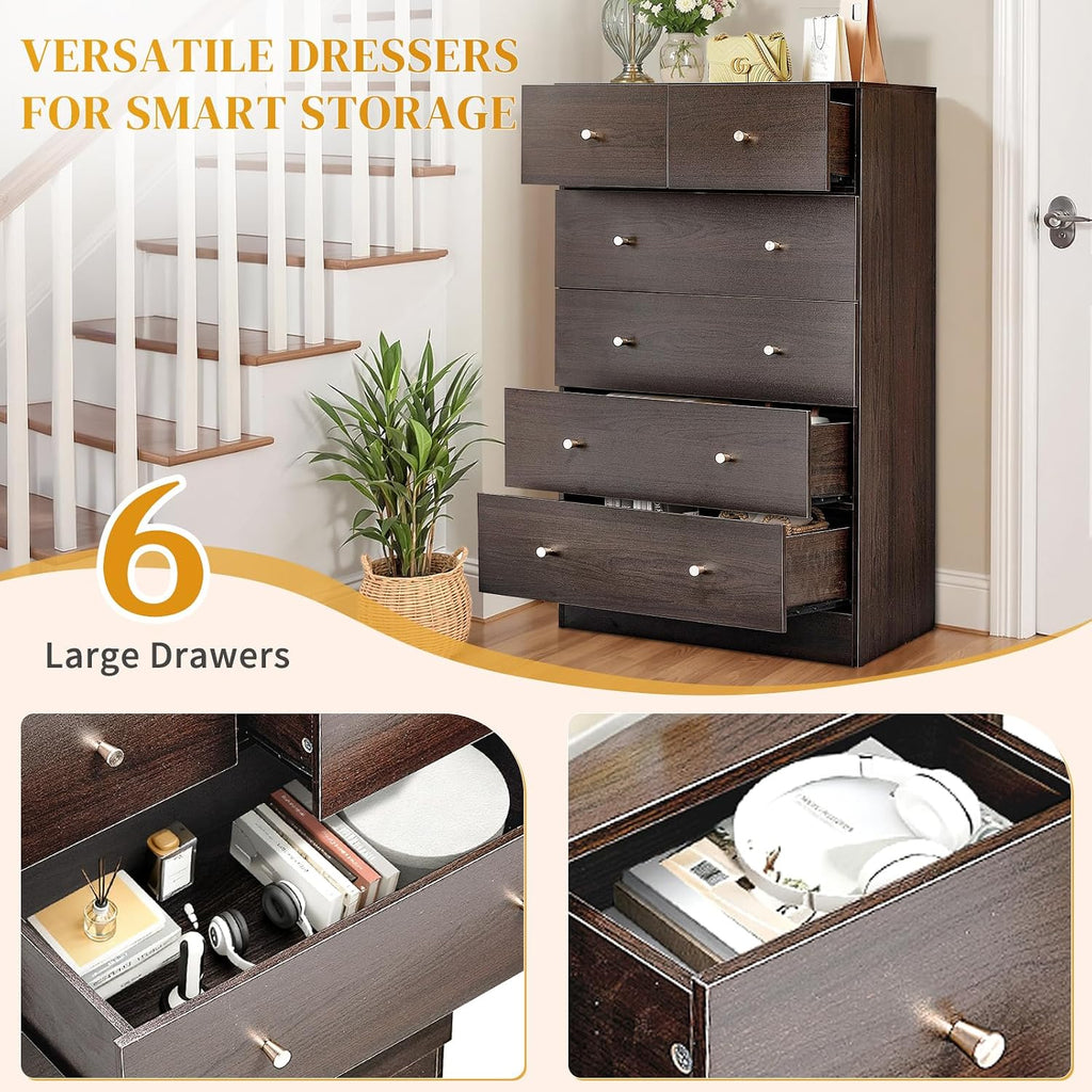 Dresser , Modern Wood Dresser Chest of Drawers, Bedroom Dressers Nightstand, Anti-Tipping Device, Rose Gold Metal