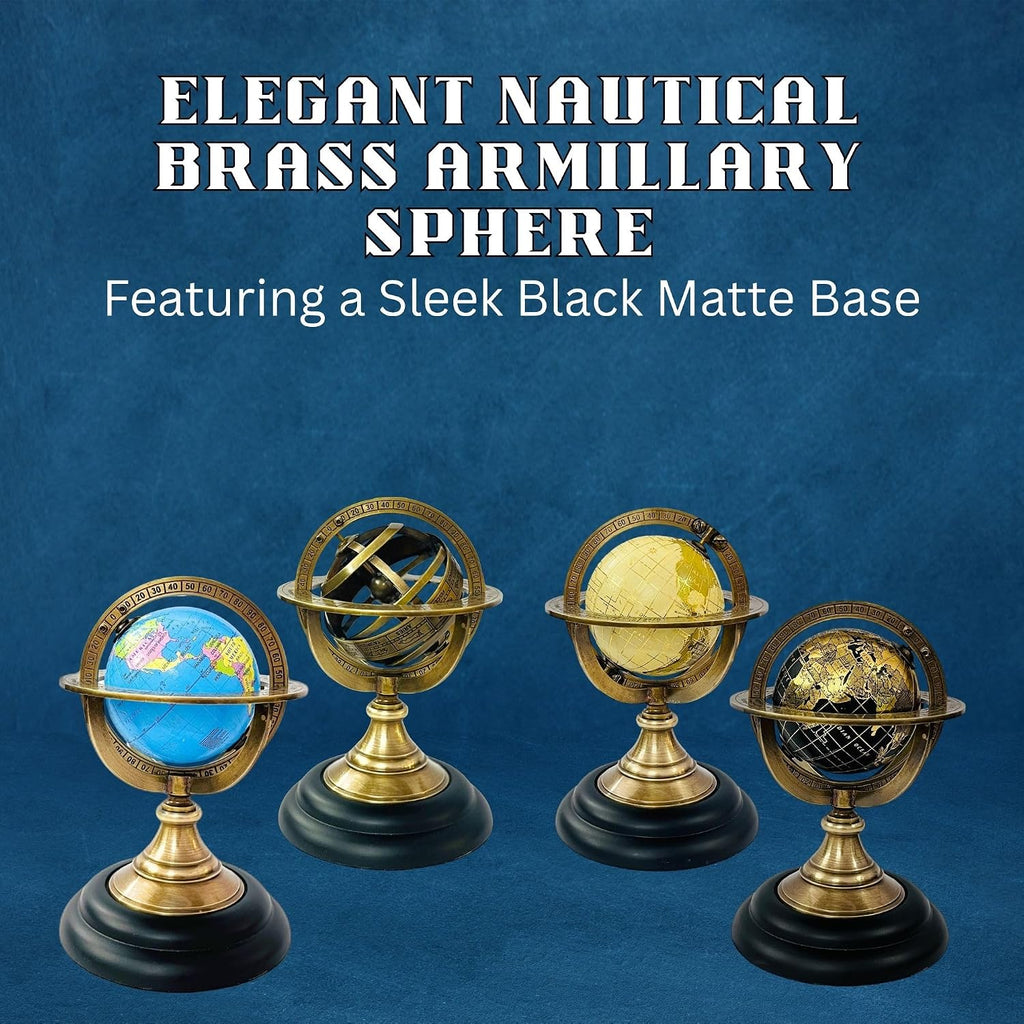 5.10" Nautical Brass Armillary Sphere World Globe with Jet Black Map & Black color Wooden Base - Elegant & Durable