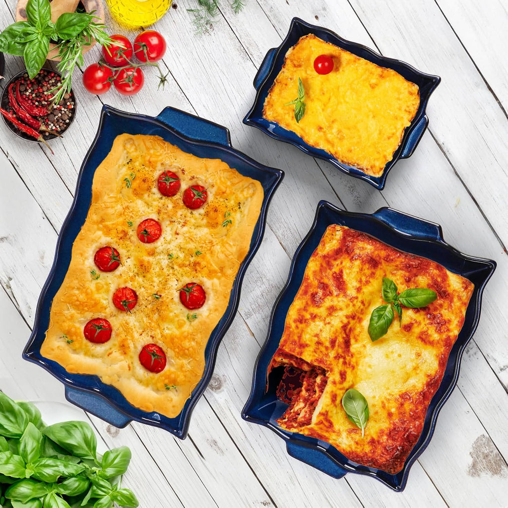 3 Pack Casserole Dishes for Oven, Ceramic Dishes with Handles, Heavy Duty Rectangular Lasagna Pan, Porcelain Bakeware