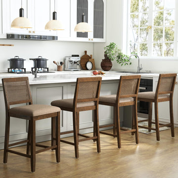 26" Rattan Bar Stools Set of 4, Farmhouse Chenille Upholstered Counter Height Stools with Cane Woven Back, Mid
