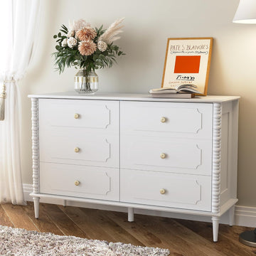 White 6 Drawer Dresser , 47" Wide Chest of Drawers with Turned Legs and Ceramic Knobs, Double Dresser, Wood Drawer