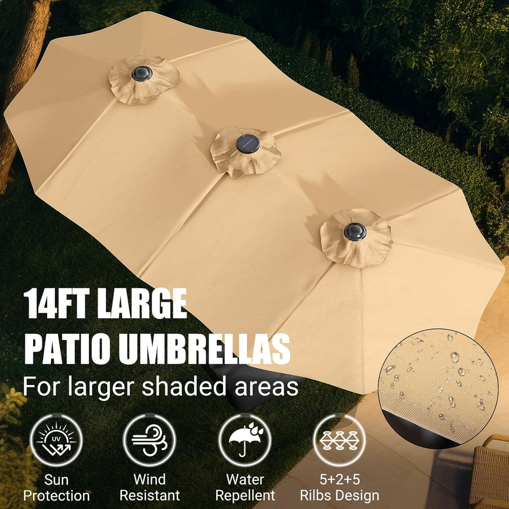 15FT Double-Sided Patio Umbrella with Base Included, Large Outdoor Rectangular Market Umbrella Khaki