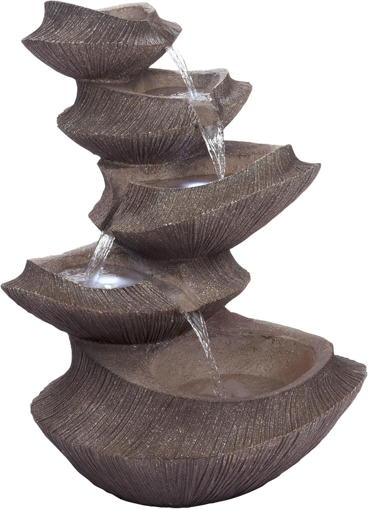 Outdoor Floor Tiered Basin Fountain with LED Lights, Modern Basin Garden Fountain 31", Brown