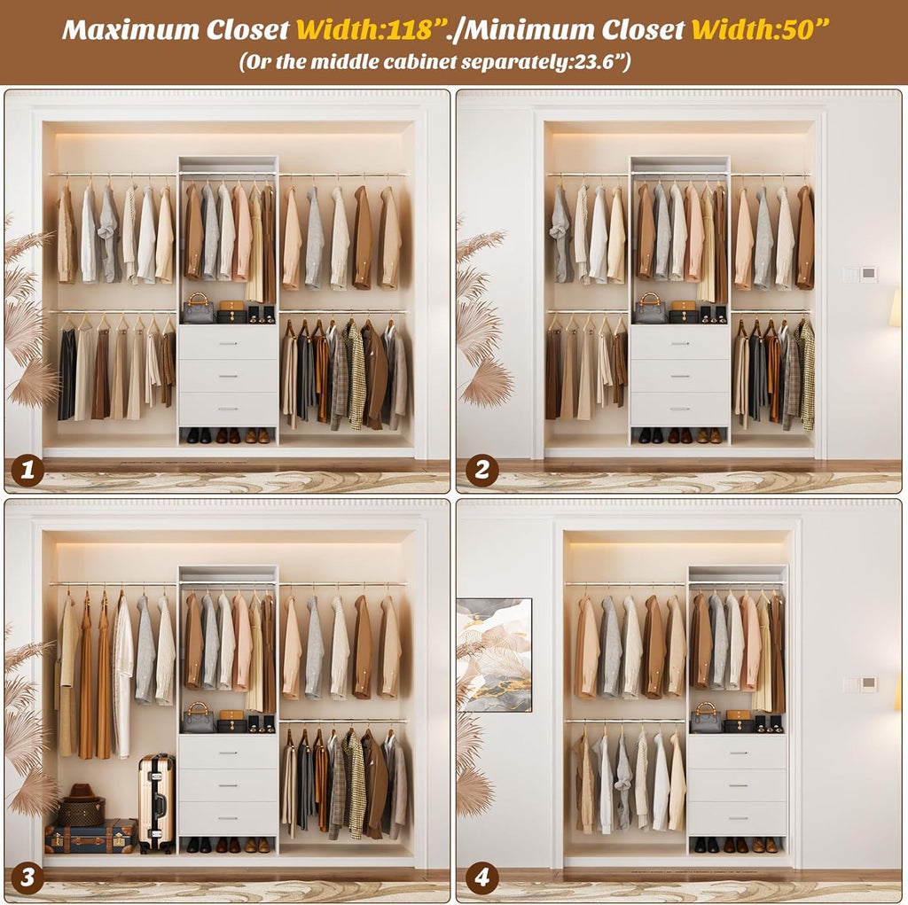 Closet System, Closet Organizer with 3 Wooden Drawers, Closet Organizer System, Walk-in Closet Wardrobe Clothes Rack