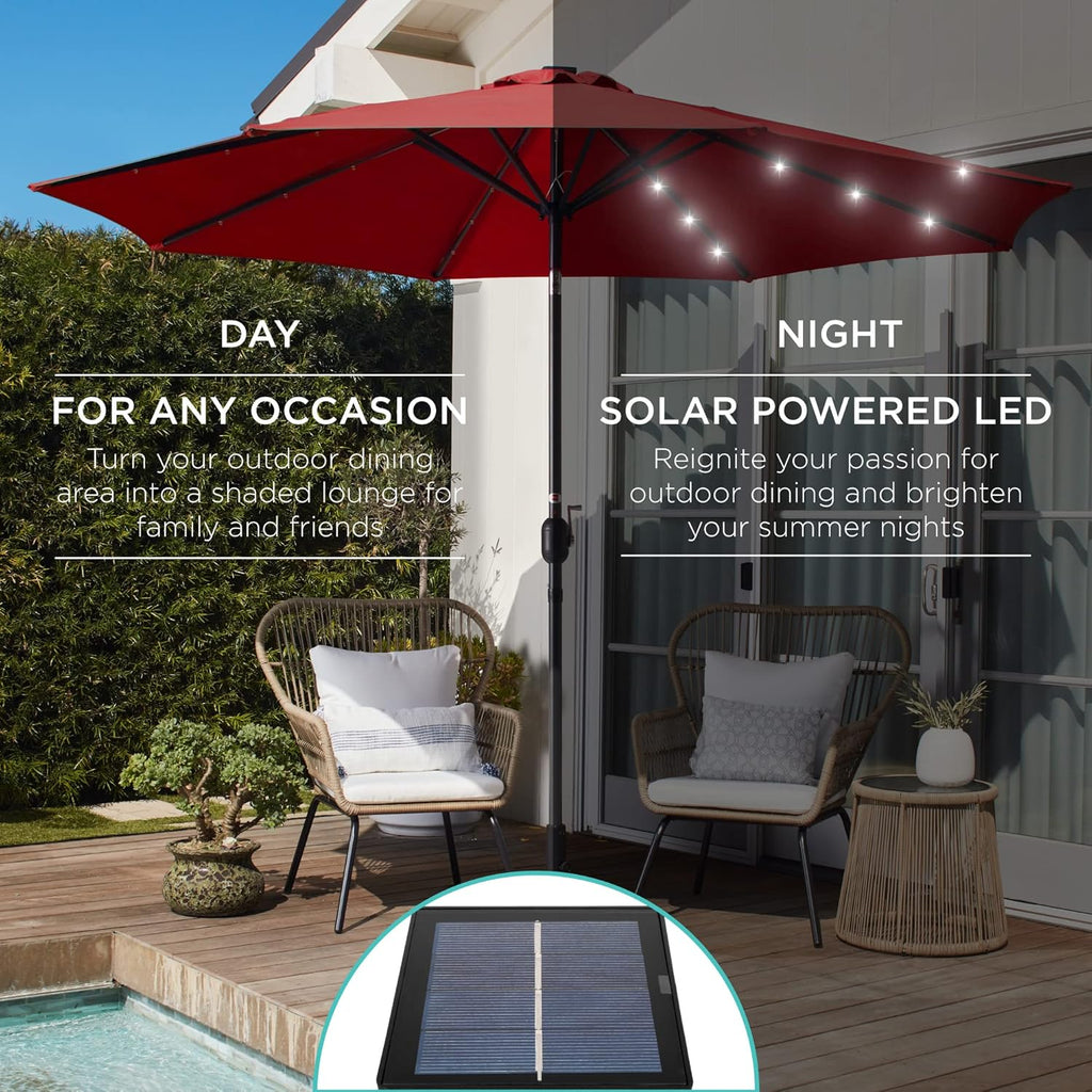 10ft Solar Polyester LED Lighted Patio Umbrella w/Tilt Adjustment and UV-Resistant Fabric - Red