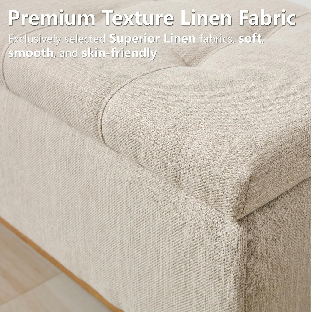 Storage Ottoman Bench, 45" End of Bed Bench, Beige | Hidden Storage Space, Linen Upholstery, Padded Cushion Top