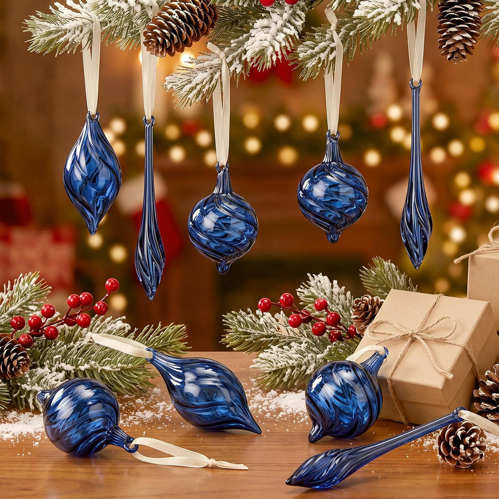 12 Pcs Blue Glass Christmas Ornaments Hand Blown Tree Ornaments