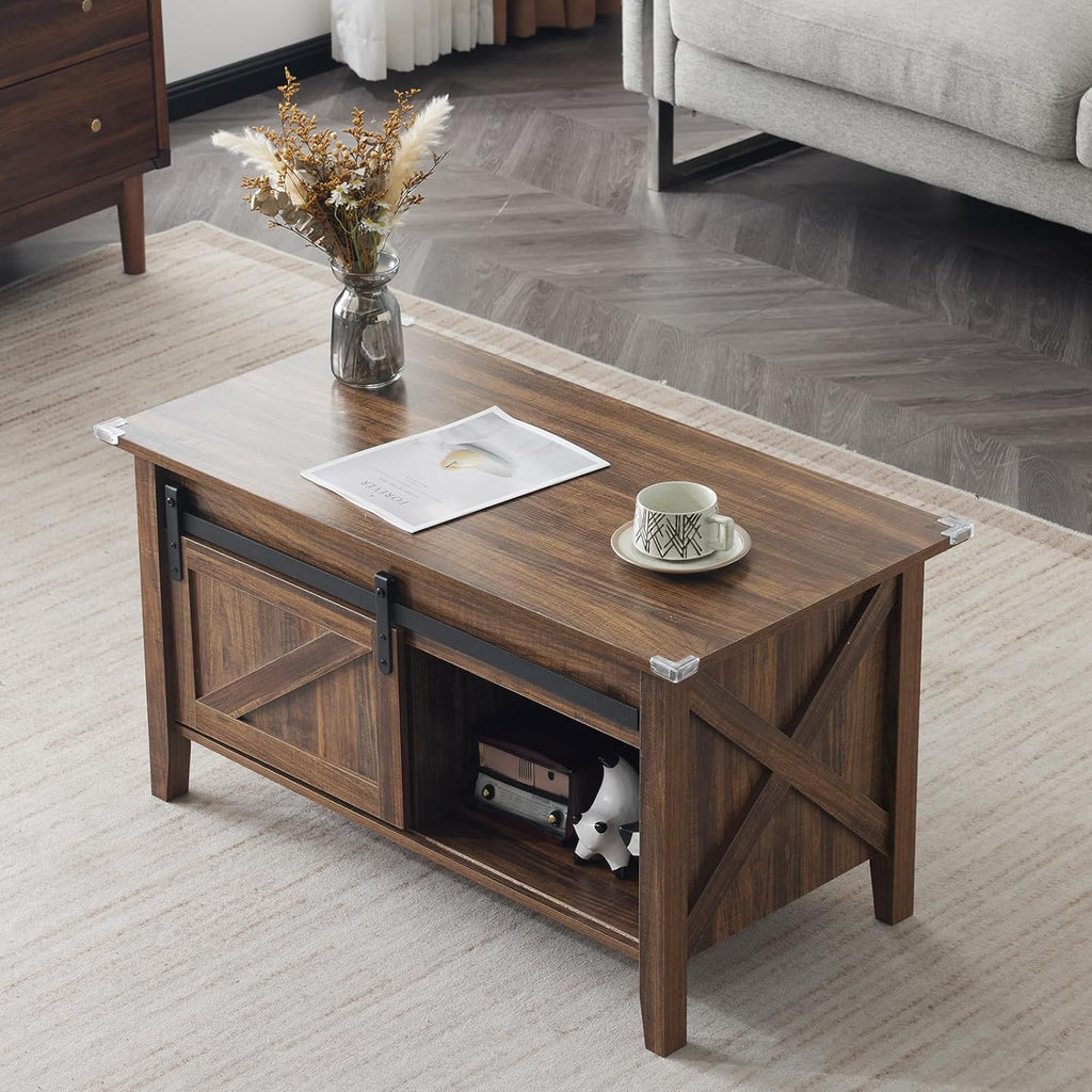 Farmhouse Lift Top Coffee Table, Rustic Grey with Storage Shelf/Hidden Compartment, Mesa De Centro para Sala