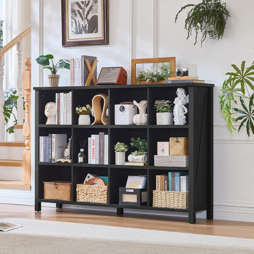 12 Cube Storage Organizer, Farmhouse 62 Inch Wide Black Oak Display Bookshelf, Wooden 3 Tier Large Open Book Shelf