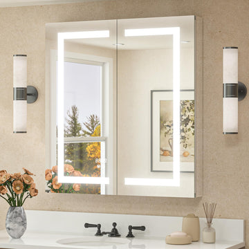 30 x 32 Lighted Medicine Cabinet Mirror with LED Lights, 2 Door Tempered Glass Recessed or Surface Mount Mirrored