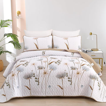 Quilt Set Floral,3 Pieces Khaki/Beige Farmhouse Quilts Lightweight Fall Bedspreads Flower Pattern Coverlet Bed