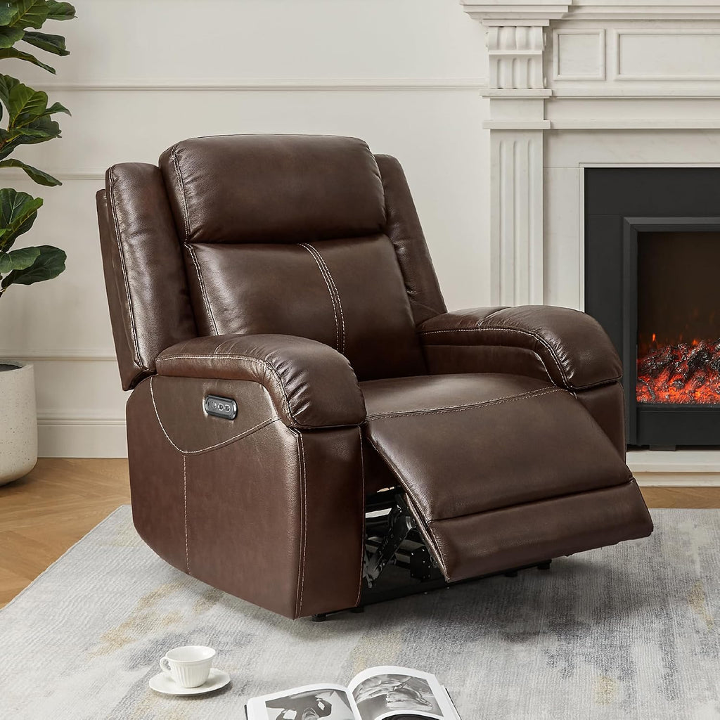 Genuine Leather Power Recliner Chairs for Adults, Wall Hugger RV Recliner with Power Headrest & Charging Ports