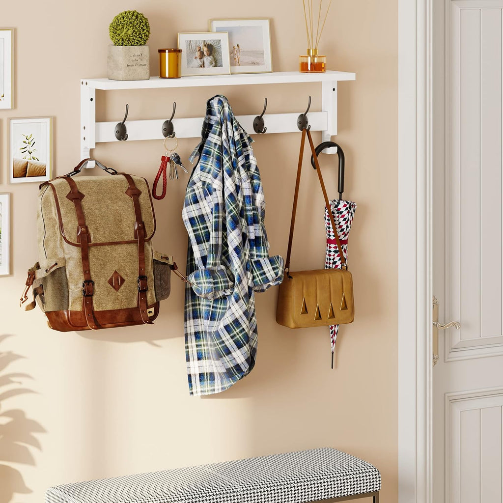 Coat Rack Wall Mount with Shelf, 28.9 Inches Coat Hooks Wall Mounted with 5 Hooks, Hat Wall Hooks for Hanging (White