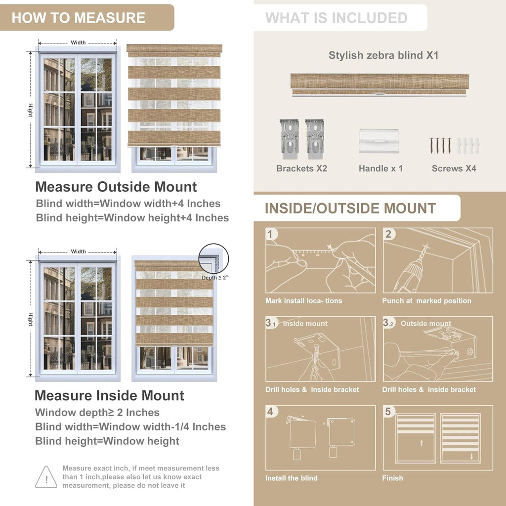 Cordless Zebra Blinds for Windows, Free-Stop, Dual Layer Zebra Blinds for Indoor Windows, Filtering Light Control for Day & Night, Sheer Shades for Home or Office, Sand Brown, Custom Sizes
