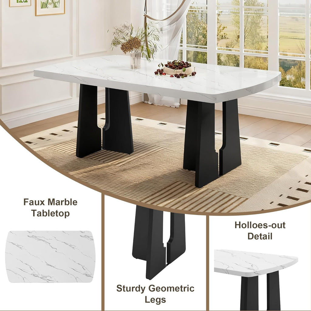 63" Faux Marble Dining Table for 6-8, Rectangular Kitchen Table with Unique Base, MDF Marble Look Top with Rubber