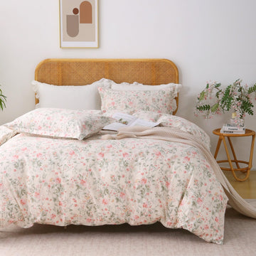 100% Cotton Duvet Cover Floral Bedding Set 3 Pieces Pink Floral Leaf Print Cottage Core Duvet Cover Set