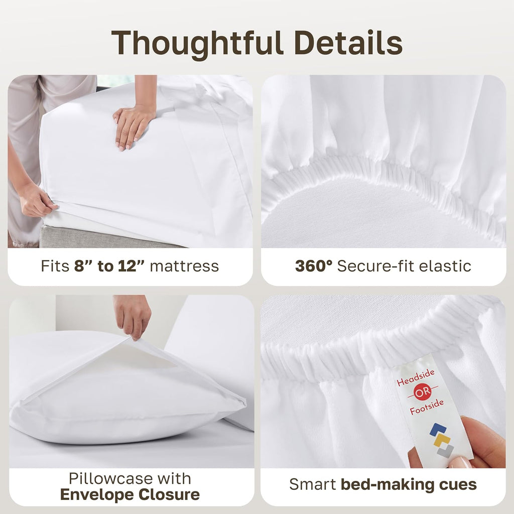Soft Natural 100% Cotton Sateen Twin Sheets, 3 Pc Set, Bright White