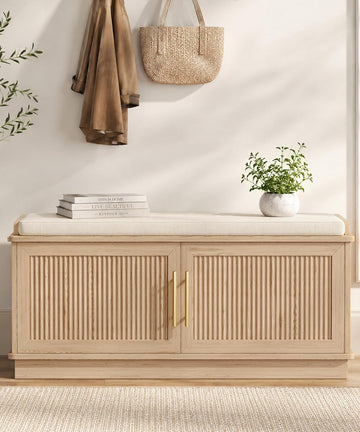 Fluted Shoe Storage Bench with Cushion, 39.4" Entryway Bench with Adjustable Shelves and 2 Doors, Shoe Cabinet Bench