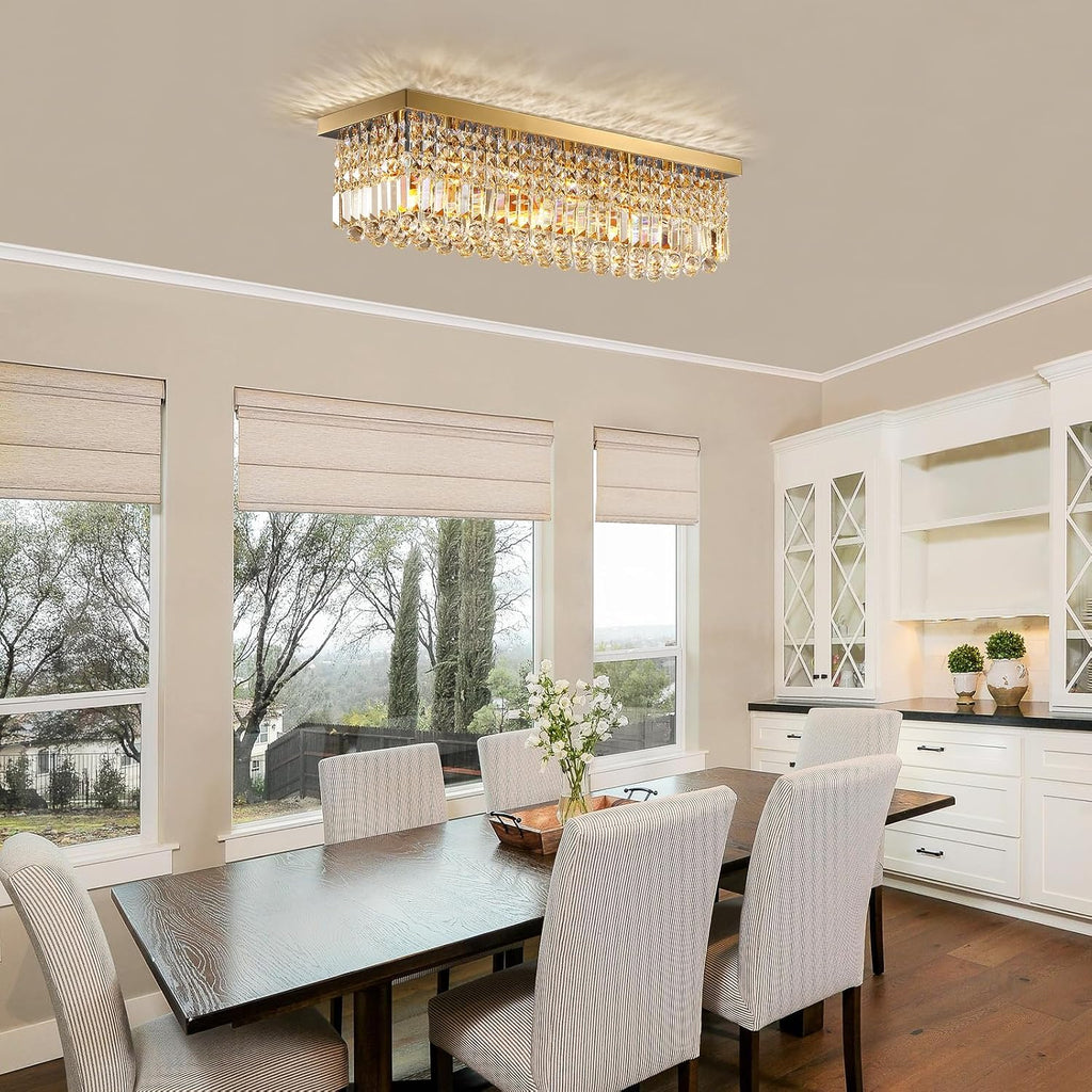 6-Light Modern Crystal Chandelier, Gold Rectangular K9 Crystal Raindrop Chandelier Flush Mount Ceiling Light Fixture