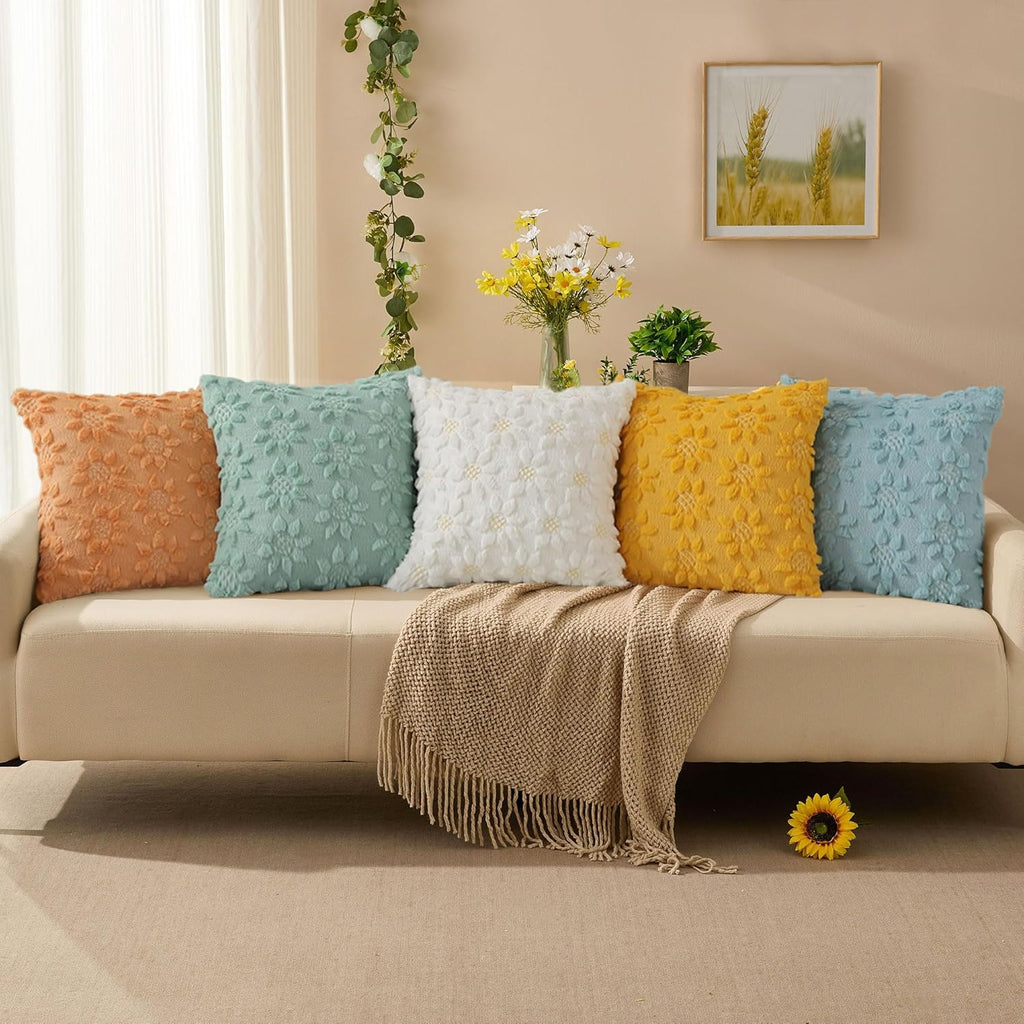 Spring Summer Pillow Covers 18x18 inch Set of 2 Farmhouse Decor Yellow Color Flower Heart Sunflower Soft Plush Faux