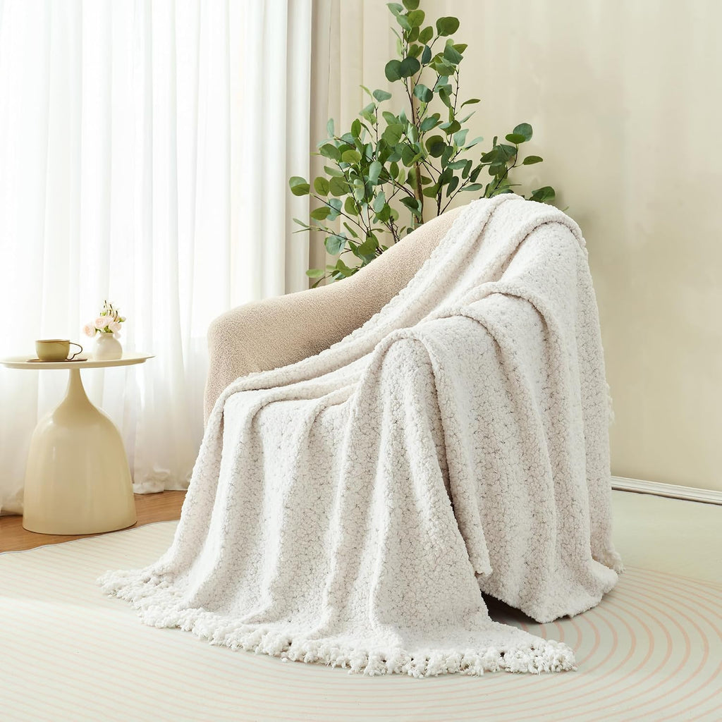 Throw Blanket, White Luxury Knitted Throws 50"x60", Textured Blankets with Handmade Fringe Tassels, Chunky Soft