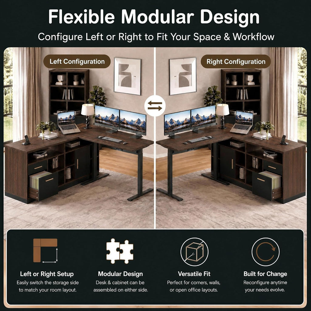 67" L Shaped Executive Standing Desk with Drawer Storage