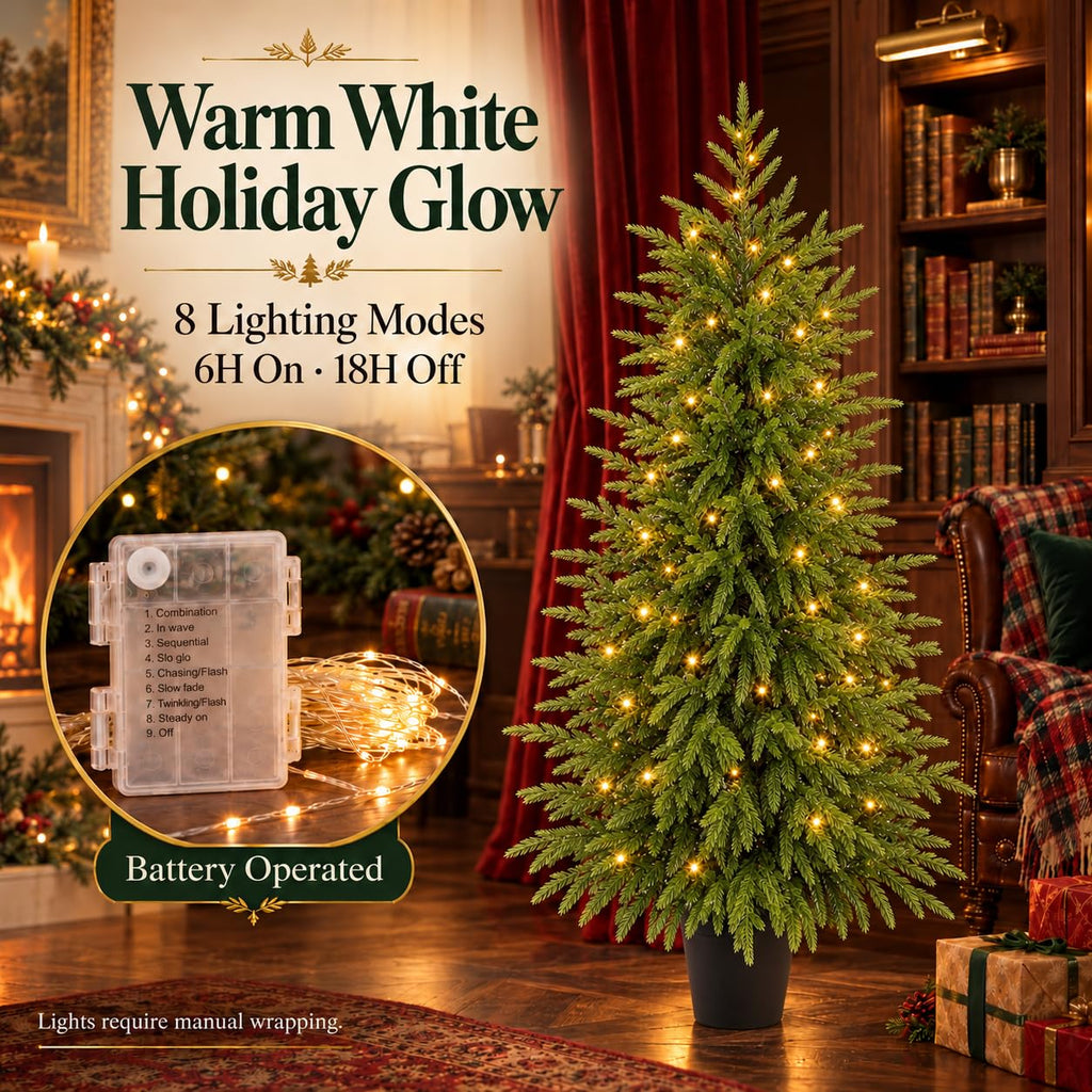 4FT Norfolk Pine Christmas Trees with Lights, 2Pack Potted Xmas Trees