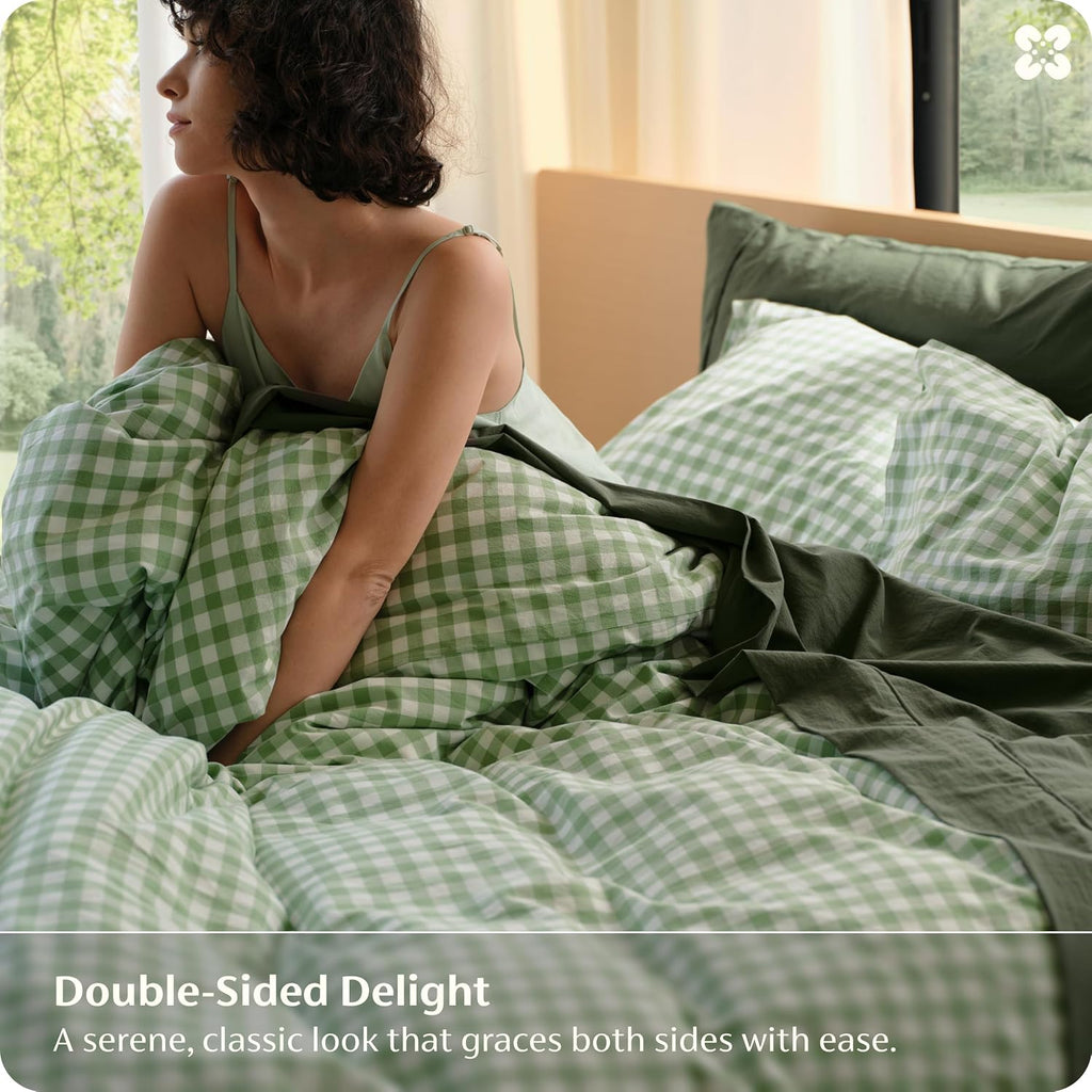Gingham Duvet Cover, 100% Washed Cotton Duvet Cover Linen‑Like, PureWoven with Reversible Yarn‑Dyed Design