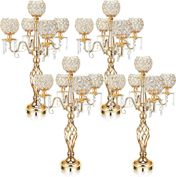4 Pcs 5 Arm Crystal Candelabra Centerpieces for Table 27 Inch Retro Victorian Crystal Candle Holders Bowl Table