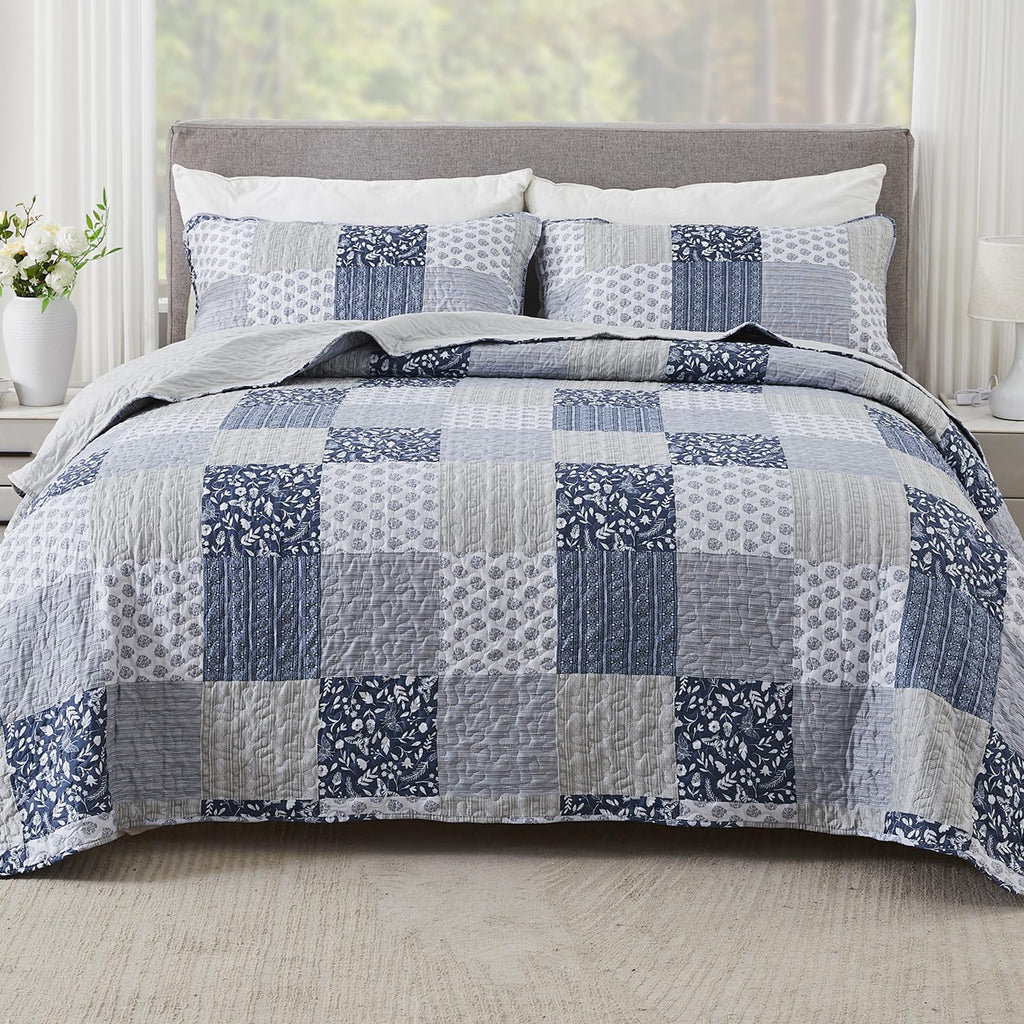 Navy Blue Gray Quilt Set 128x120, 3 Piece Quilted Bedspread Set Patchwork Plaid Bedding Comforter Set