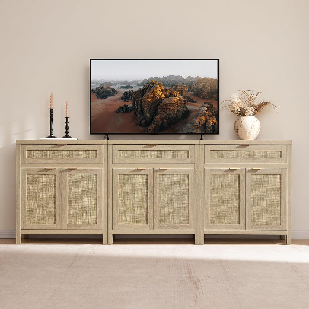 Sideboard Buffet Storage Cabinet Set of 3, Rattan Credenza Buffet