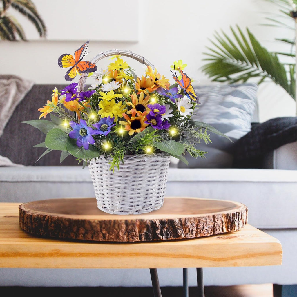 Artificial Flowers in Basket Vase with Lights, Faux Floral Arrangement for Table,Home Kitchen Centerpieces Party Decor