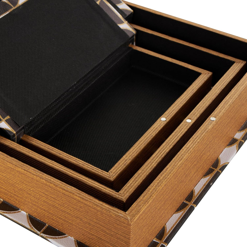 79 Faux Leather Decorative Box Faux Book Storage Book Shaped Boxes with White and Gold Geometric Patterns, Set of 3