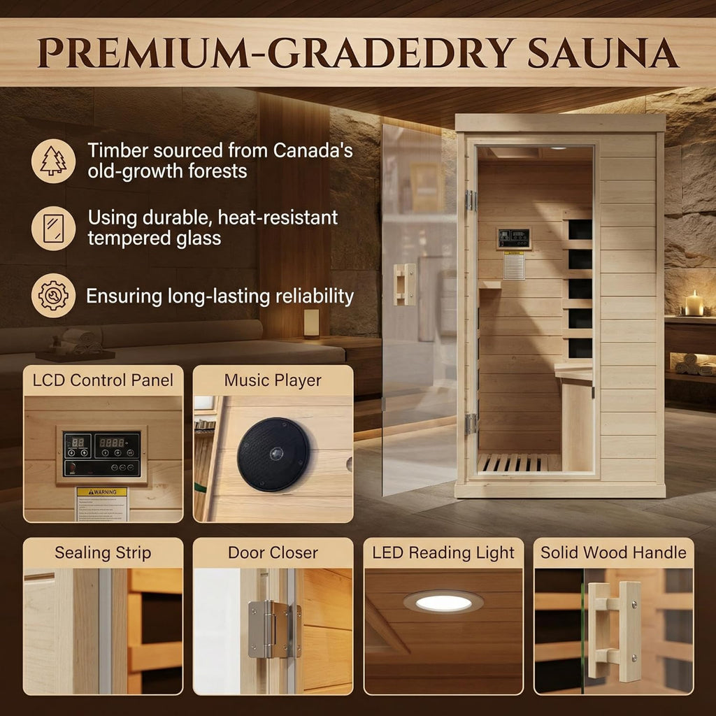 Far Infrared Sauna 1 Person Indoor Dry Sauna with Low EMF 1200W/110V Heaters Panels, Chromotherapy, MP3 Speaker