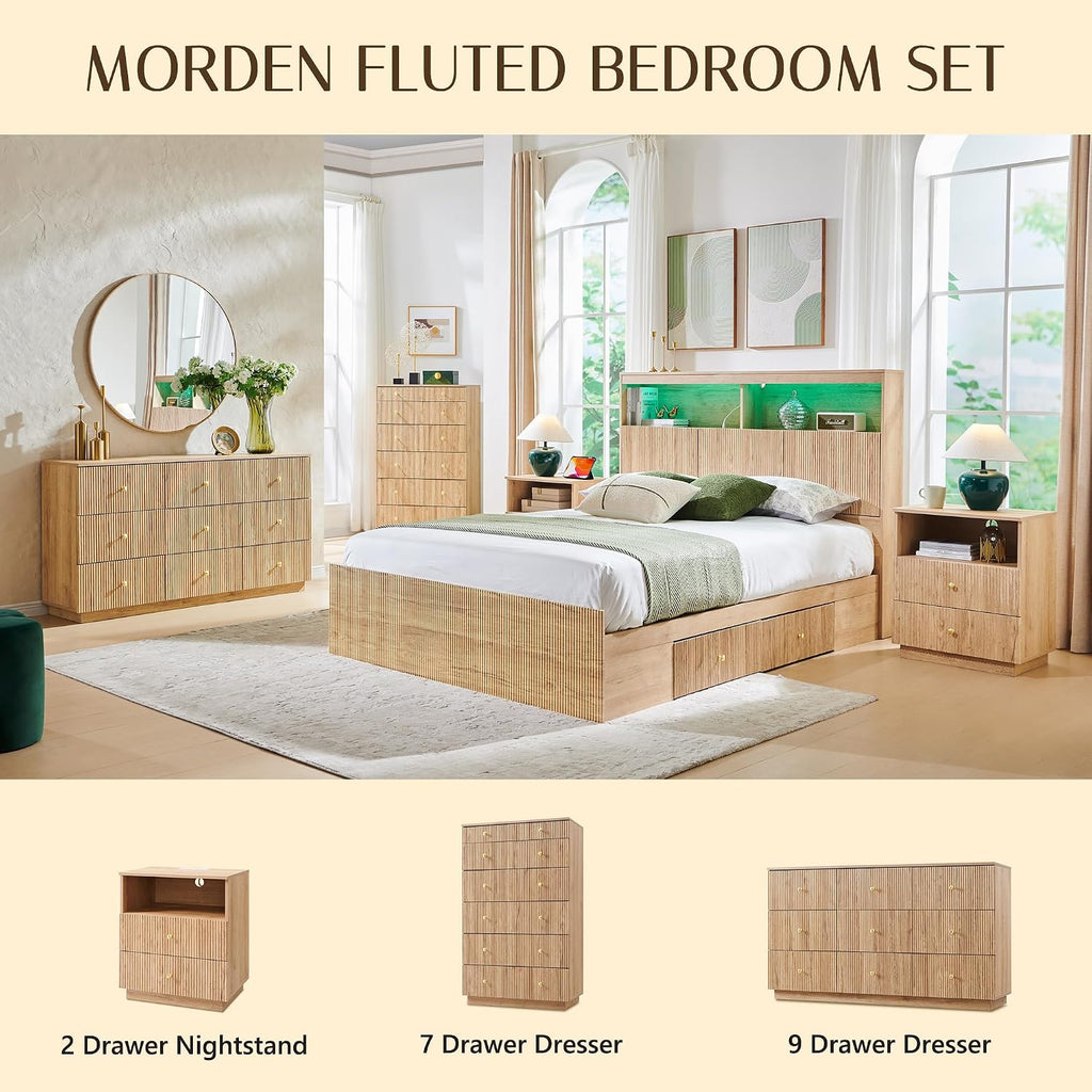 Fluted Night Stand with Charging Station, 21.65" Wide 2 Drawers Nightstand with & Open Shelf and Golden Metal Handle