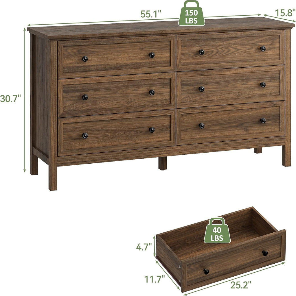 55'' Walnut Dresser with 6 Drawers , Wood Dresser Natural Modern Chest of Drawer with Handles Solid Wood Legs, Large