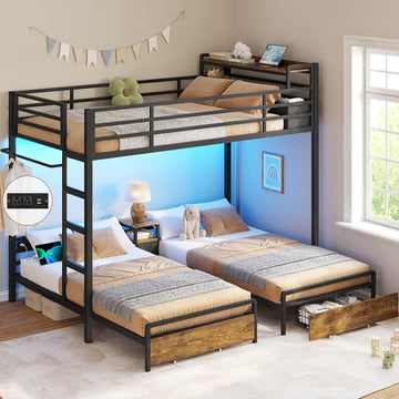 Triple Bunk Bed for Kids with Storage Drawers and Charging Station Twin Over Twin Metal Bunk Bed with Storage Shelves