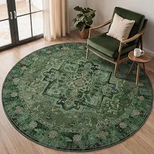 Green Round Rugs 6ft, Washable Non Slip Low Pile Thin 6 Feet Circle Rug Table Kitchen, Vintage Medallion 6x6 Round