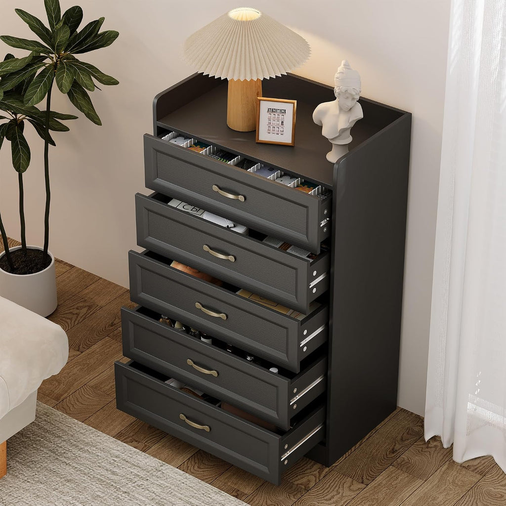 5 Drawer Dresser, 44.3" H Chest of Drawers, Black Dresser , Modern Wood Storage Cabinet with with Large Capacity