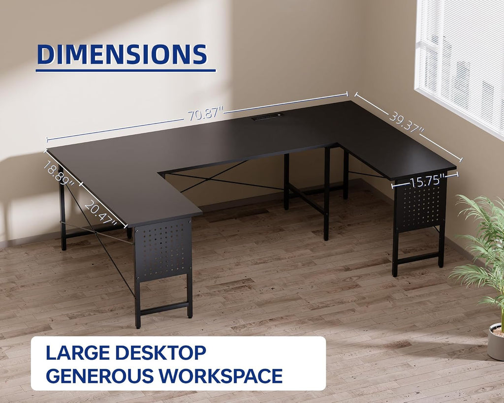 71 Inch Large Computer Desk with Power Outlets,U Shaped Corner Desk Work and Gaming Black