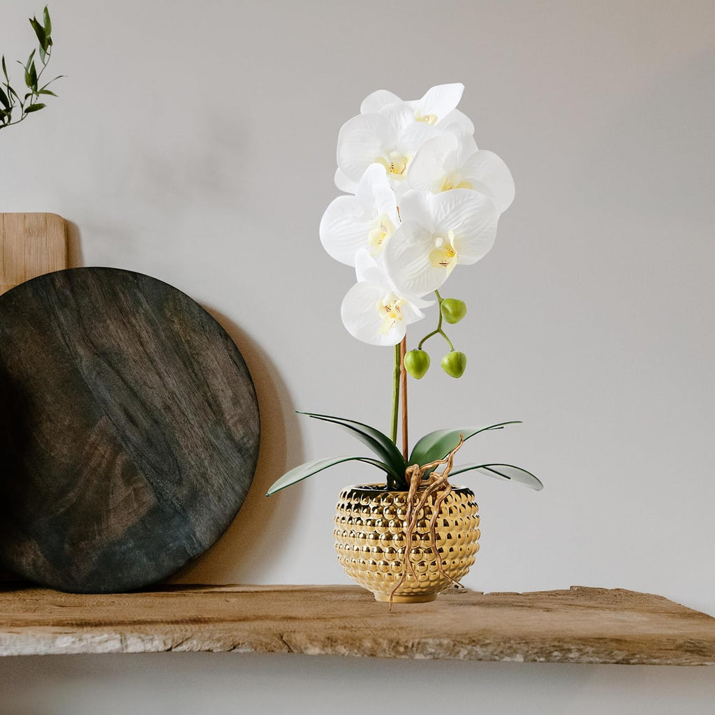 Orchids Artificial Flowers, 15" Faux Orchid in Gold Flower Pot Real Touch Flowers in Pot Large Flower Arrangements