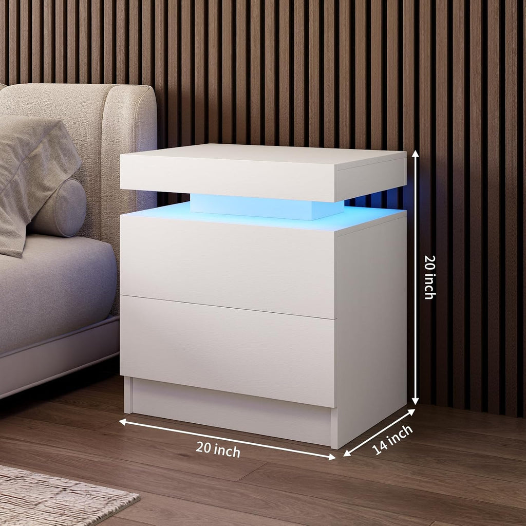LED Nightstands Set of 2, Modern White Night Stand End Tables with APP & Remote Control LED Lighting, 2 Drawers, Open