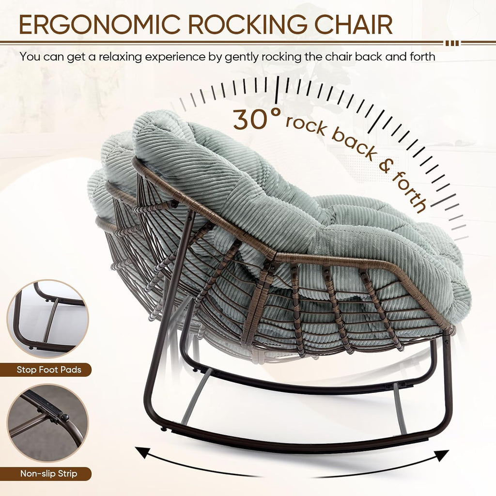 Large Indoor Rocking Chair, Oversized Rocking Papasan Chair with Thick Cushion and Frame,Comfy Corduroy Rocker Wicker