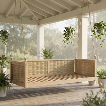 Twin Size Rattan Outdoor Swing Bed with Hanging Ropes, 350lb Capacity Porch Swing for Backyard, Poolside, Patio
